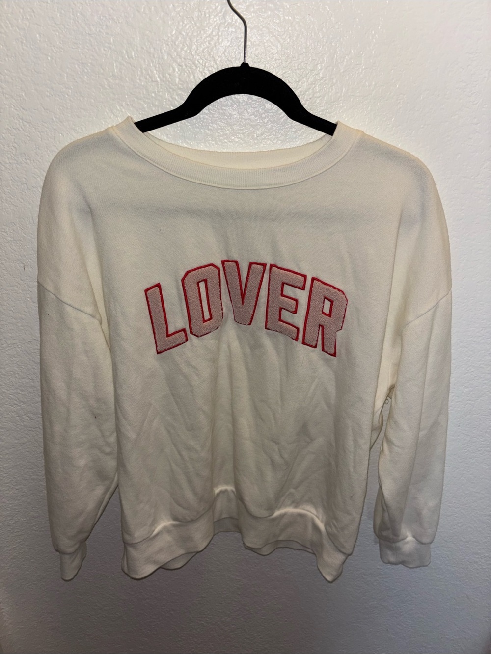 Cream "LOVER" Pullover Sweatshirt - Casual Women's Top 3D Textured Fuzzy Iron On